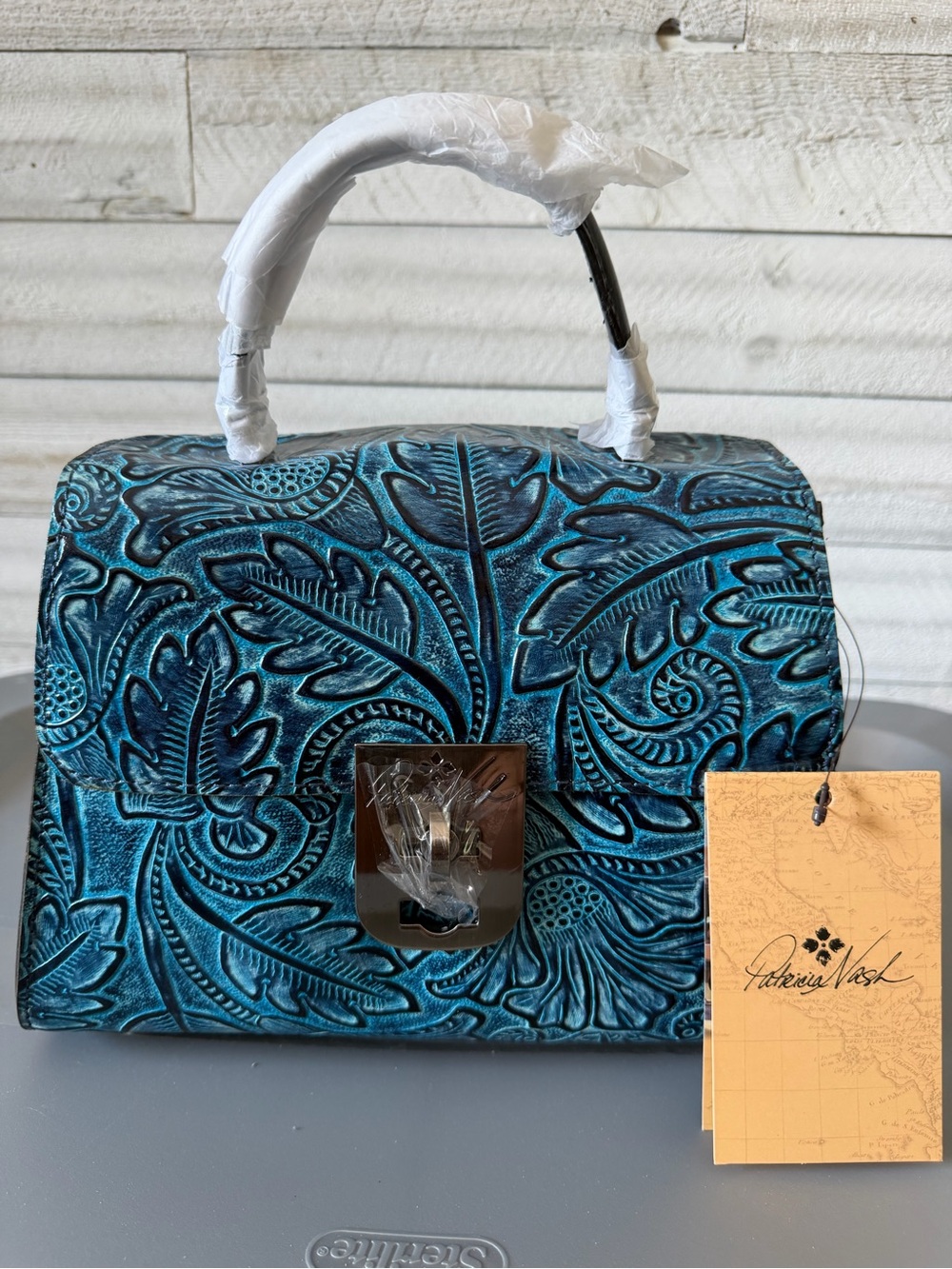 Patricia Nash Gracchi Tooled Turquoise Leather Satchel Crossbody NWT